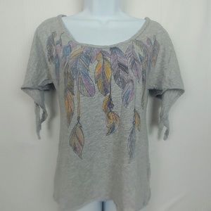Canyon River Blues Boho Feather Top w/ Tie Sleeves